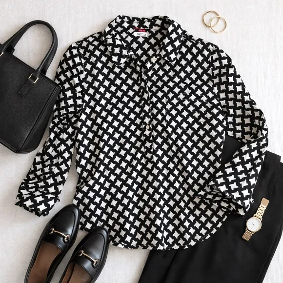 Merona Black & White Geometric Print Button Front Blouse XXL - Picture 2 of 11